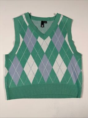 Gaudi' Green Argyle V-Neck Sweater Vest with White and Light Blue
